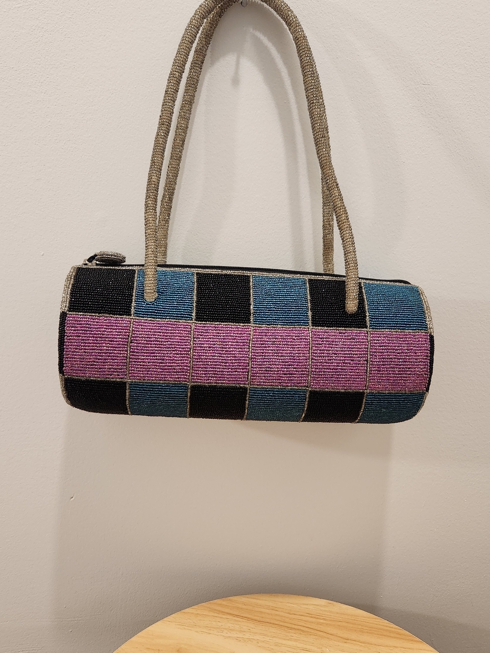 Beaded Mini Cylinder Shoulder Bag in Pink, Blue & Black - Picture 2 of 5